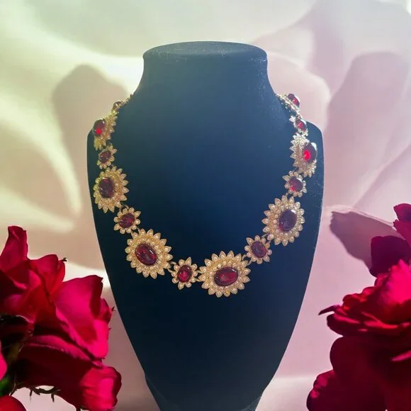Vintage Gold Tone Red Rhinestone Floral Necklace. Arnold Scaasi Ruby Red Glass & - Picture 1 of 6